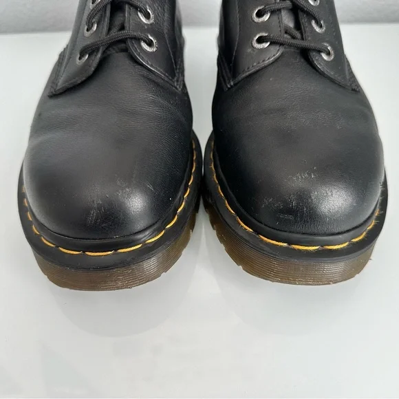 Dr. Martens Black Leather Lace-Up Platform Boots with Yellow Stitching - Picture 3 of 10